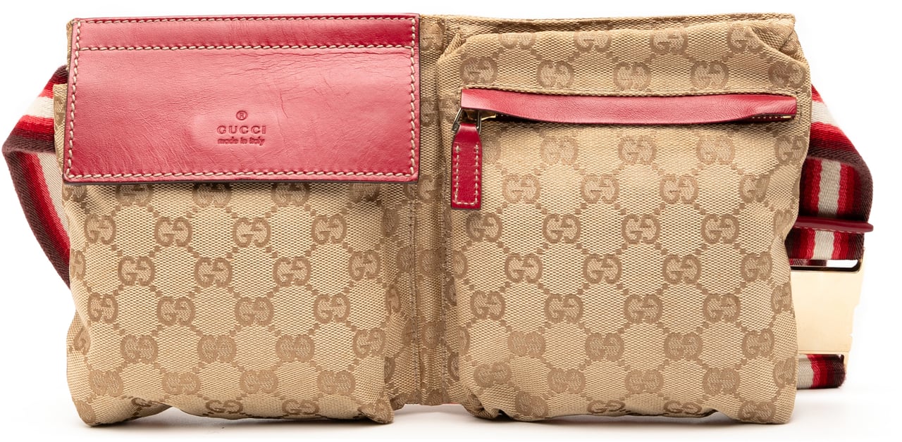 Gucci GG Canvas Web Double Pocket Belt Bag Bruin