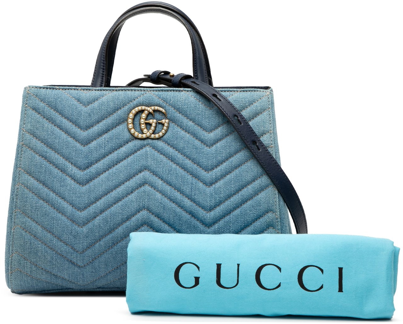 Gucci Small GG Marmont Matelasse Denim Pearly Satchel Blauw