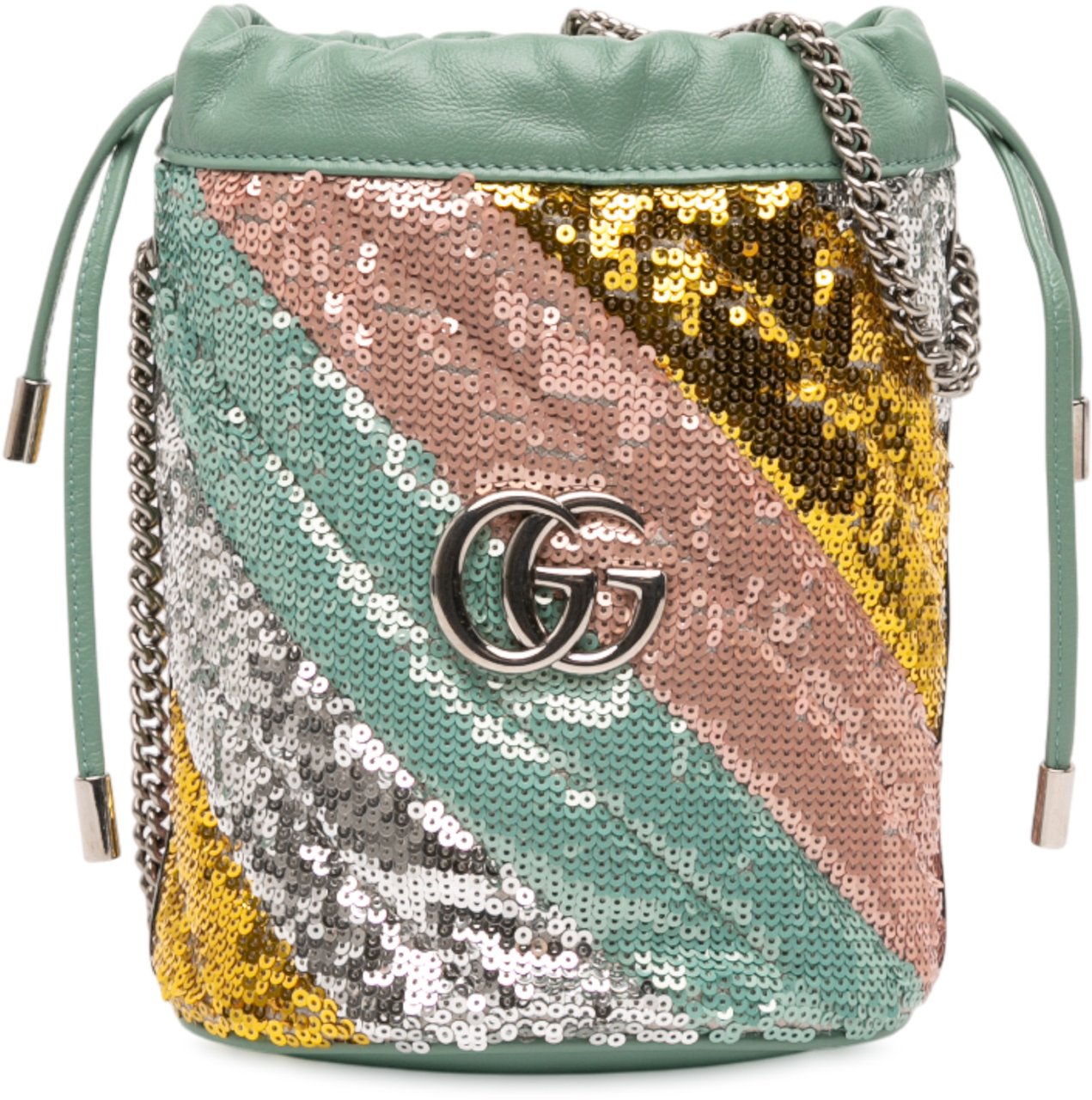 Gucci Small GG Marmont Sequined Diagonal Matelasse Leather Bucket Bag Groen
