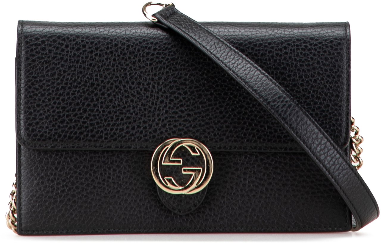 Gucci Leather Interlocking G Dollar Wallet on Chain Zwart