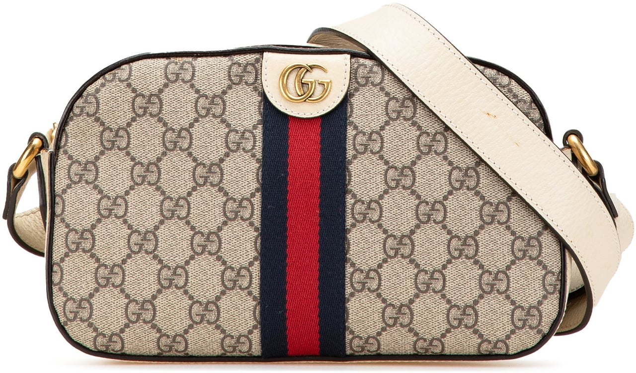 Gucci Small GG Supreme Textured Calfskin Web Ophidia Camera Bag Bruin