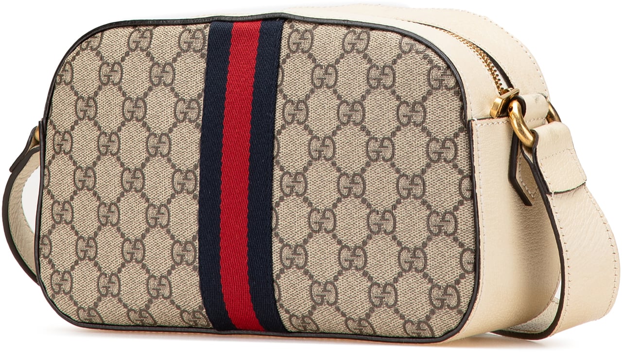 Gucci Small GG Supreme Textured Calfskin Web Ophidia Camera Bag Bruin