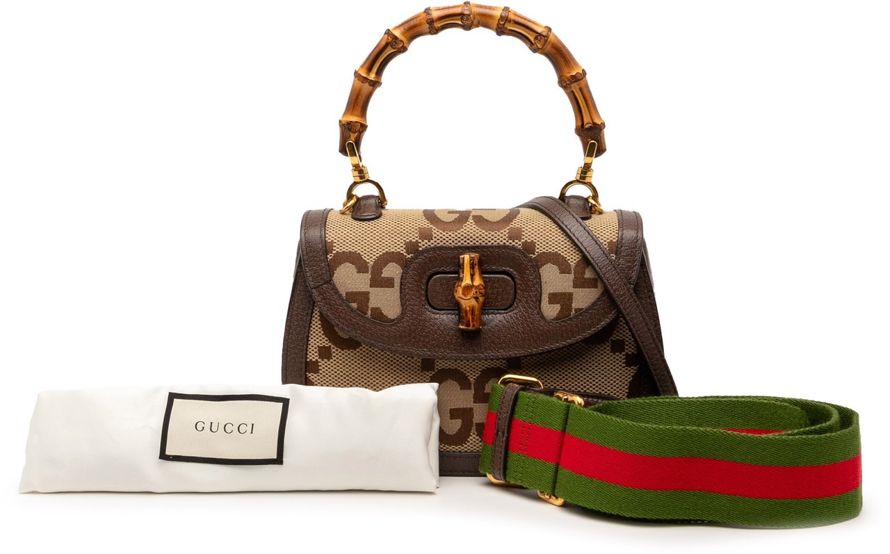Gucci Small Jumbo GG Canvas Bamboo 1947 Top Handle Bag Bruin