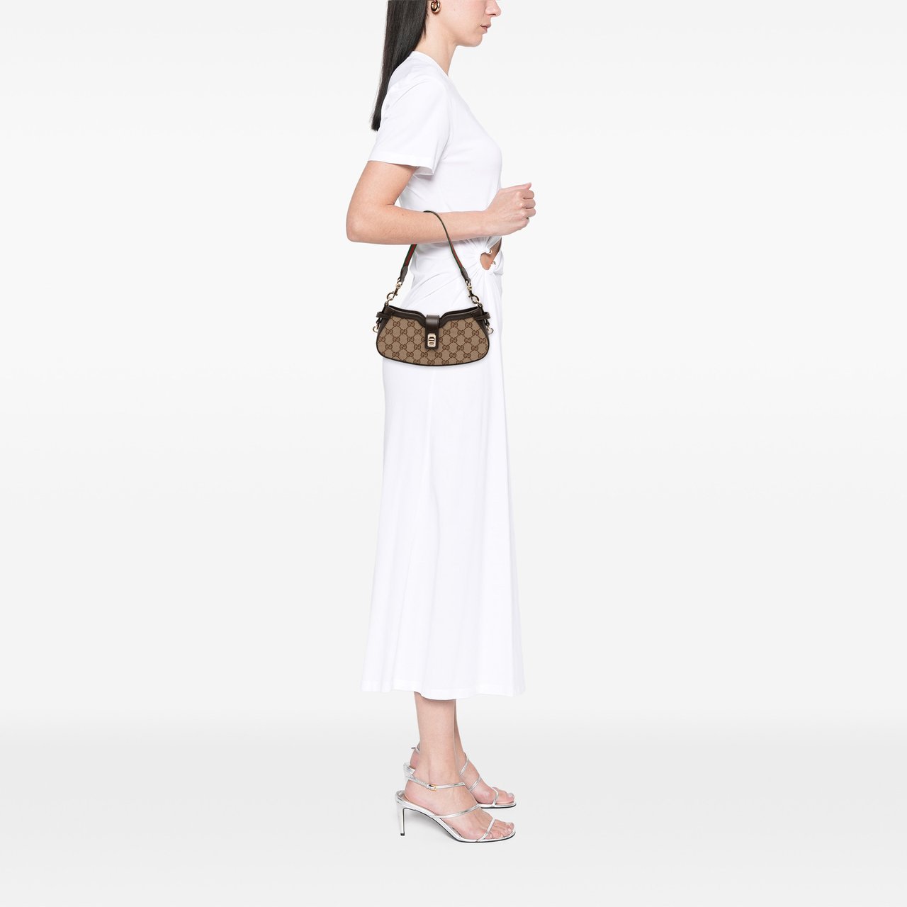 Gucci Mini GG Supreme Moon Side Web Shoulder Bag Bruin