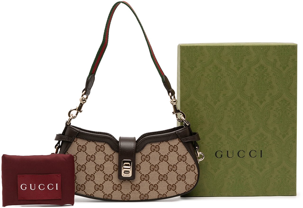 Gucci Mini GG Supreme Moon Side Web Shoulder Bag Bruin