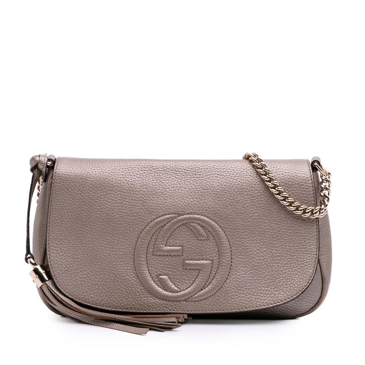 Gucci Medium Metallic Leather Soho Chain Flap Crossbody Zilver