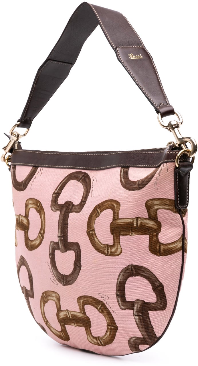 Gucci Canvas Bamboo Horsebit Print Hobo Roze