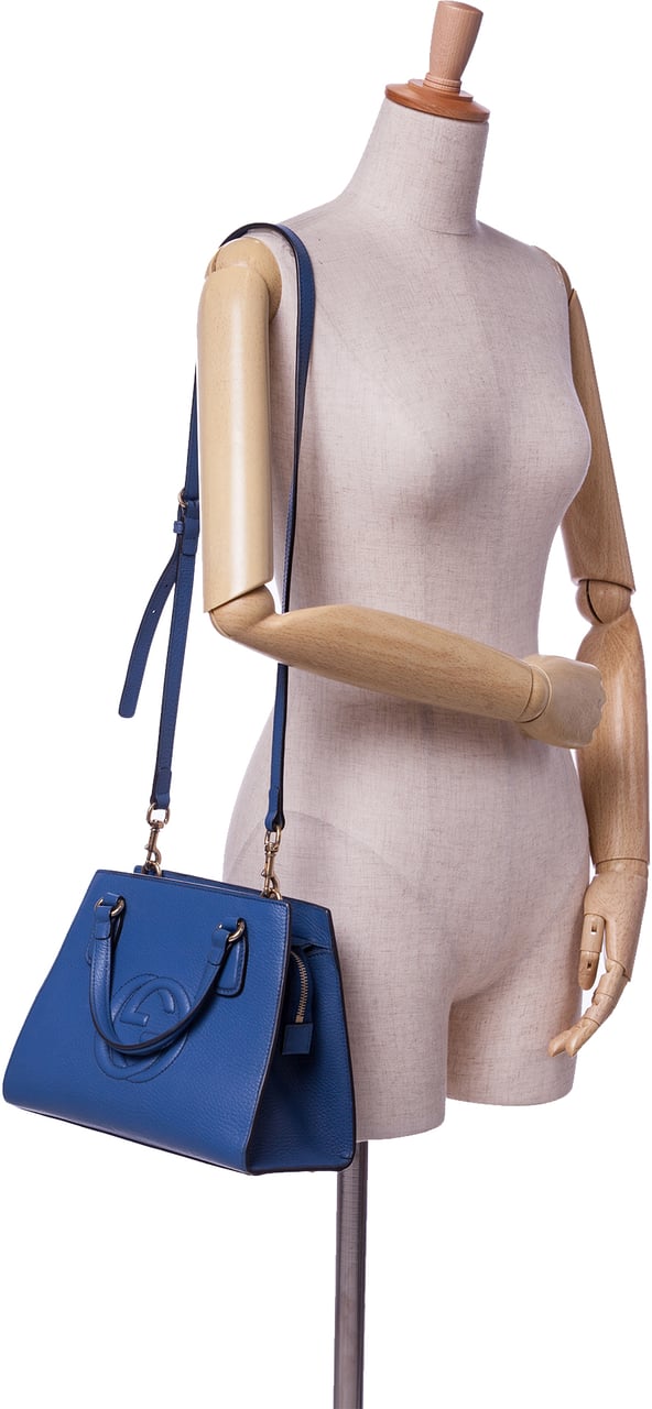 Gucci Medium Dollar Calf Soho Top Handle Convertible Tote Blauw