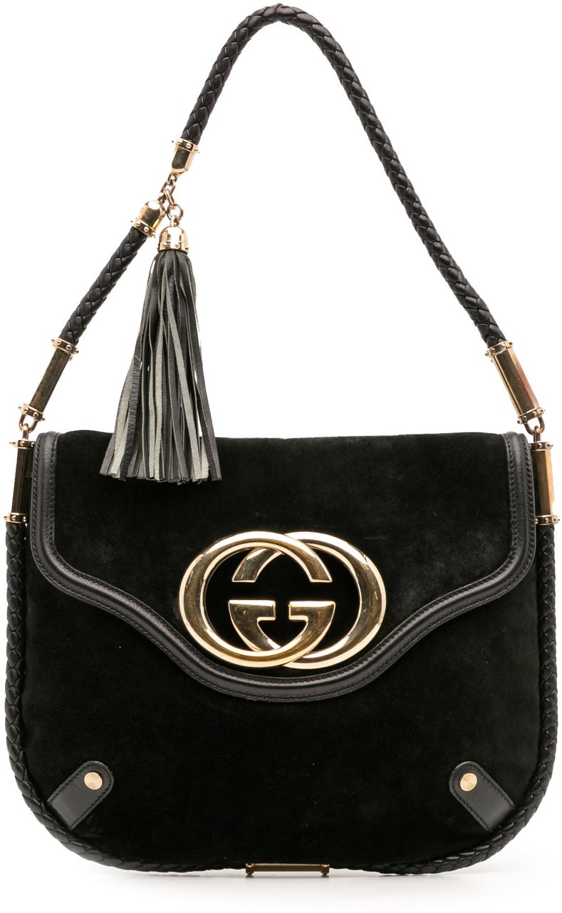 Gucci Medium Suede Britt Tassel Flap Shoulder Bag Zwart