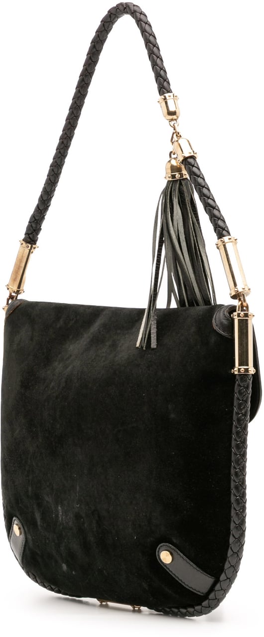 Gucci Medium Suede Britt Tassel Flap Shoulder Bag Zwart