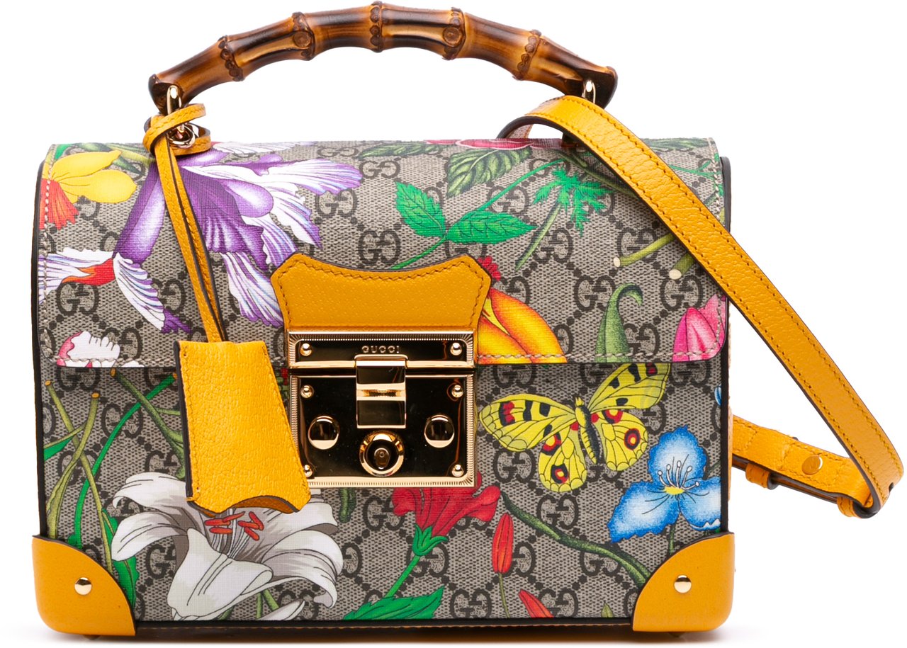 Gucci Small GG Supreme Flora Bamboo Padlock Satchel Bruin