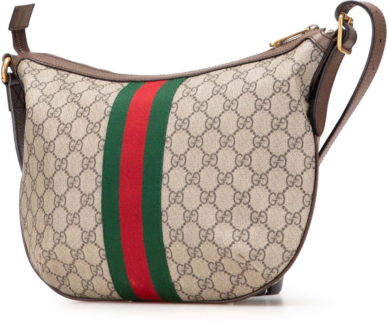 Gucci Small GG Supreme Web Ophidia Half Moon Crossbody Bruin