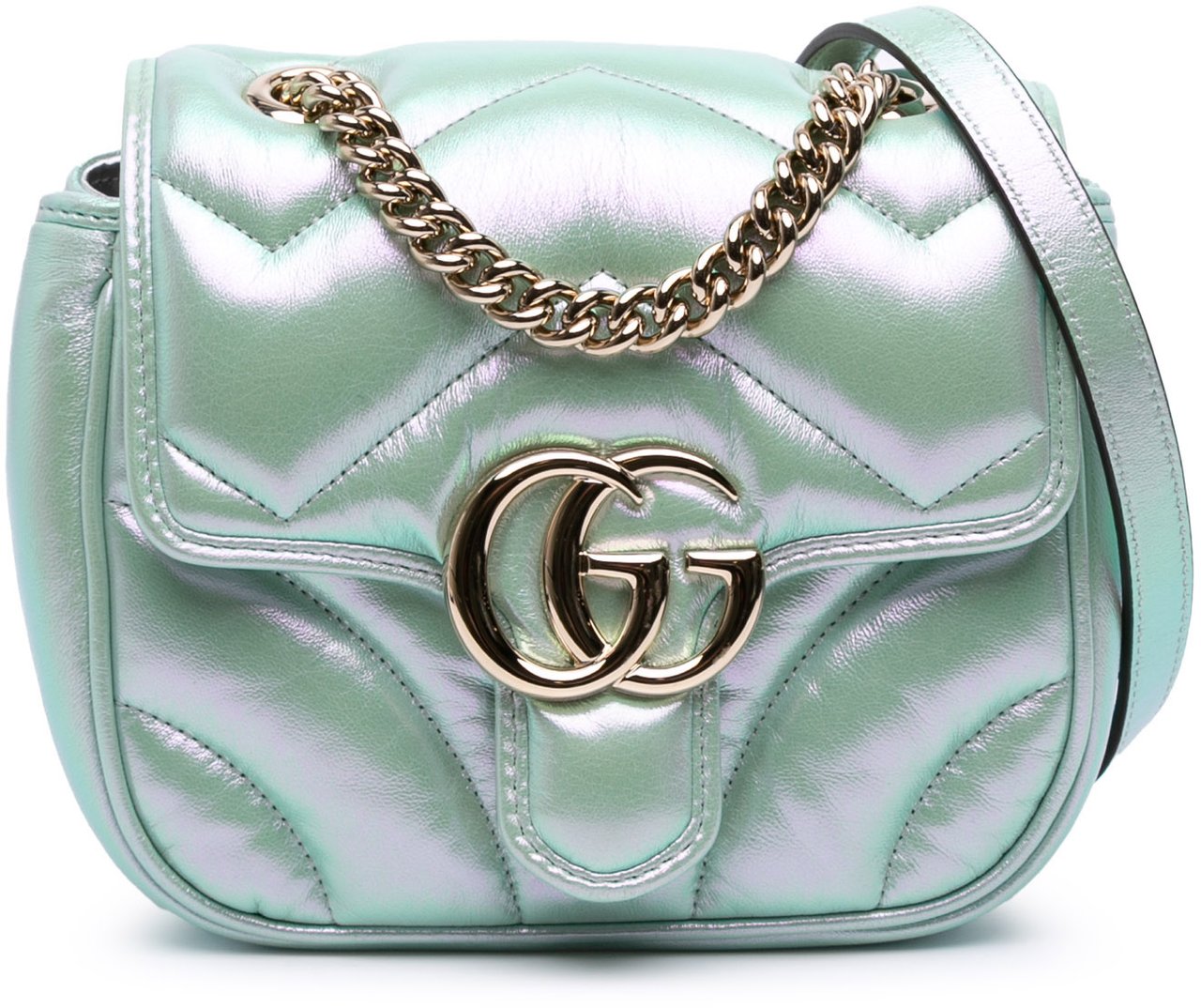 Gucci Mini GG Marmont Matelasse Iridescent Leather Flap Crossbody Groen