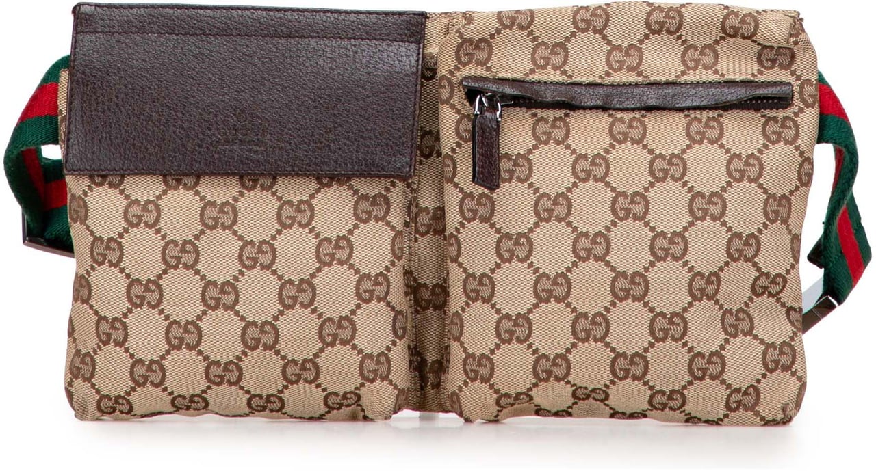 Gucci GG Canvas Web Double Pocket Belt Bag Bruin