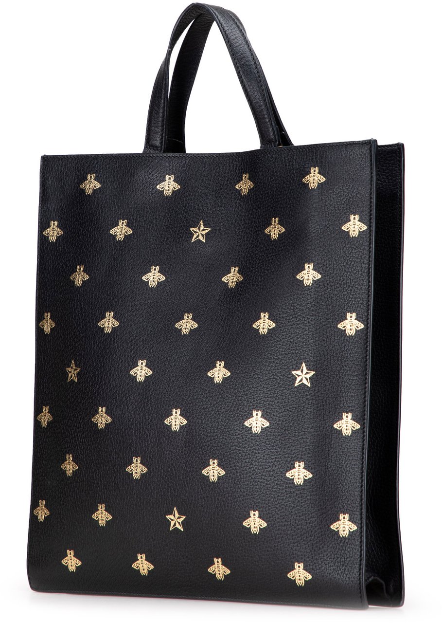 Gucci Grained Calfskin Bee Star Vertical Tote Zwart