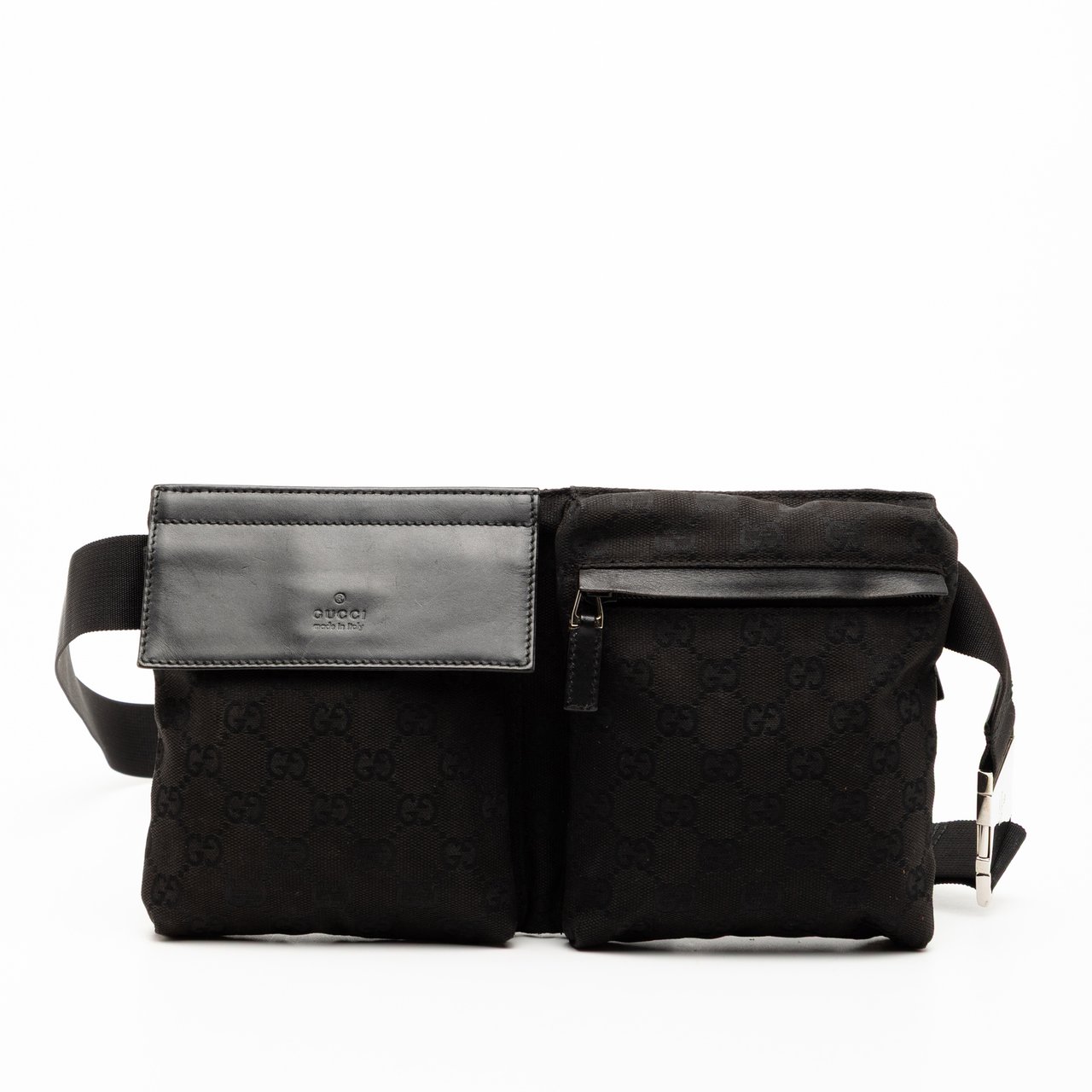 Gucci GG Canvas Double Pocket Belt Bag Zwart
