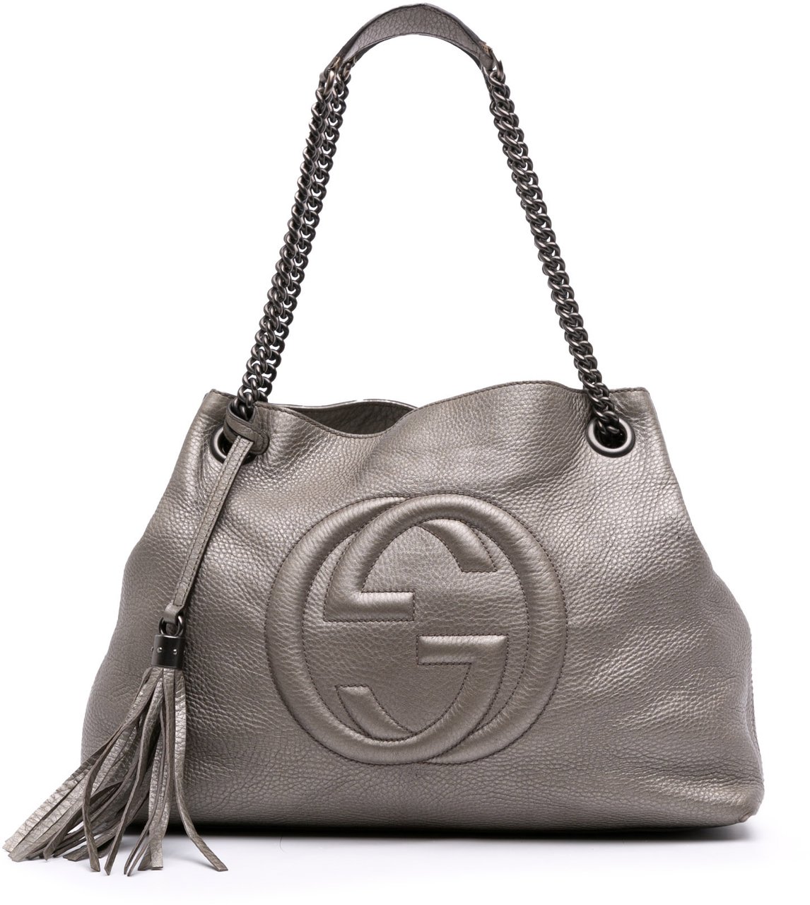 Gucci Medium Metallic Leather Soho Chain Tote Zilver