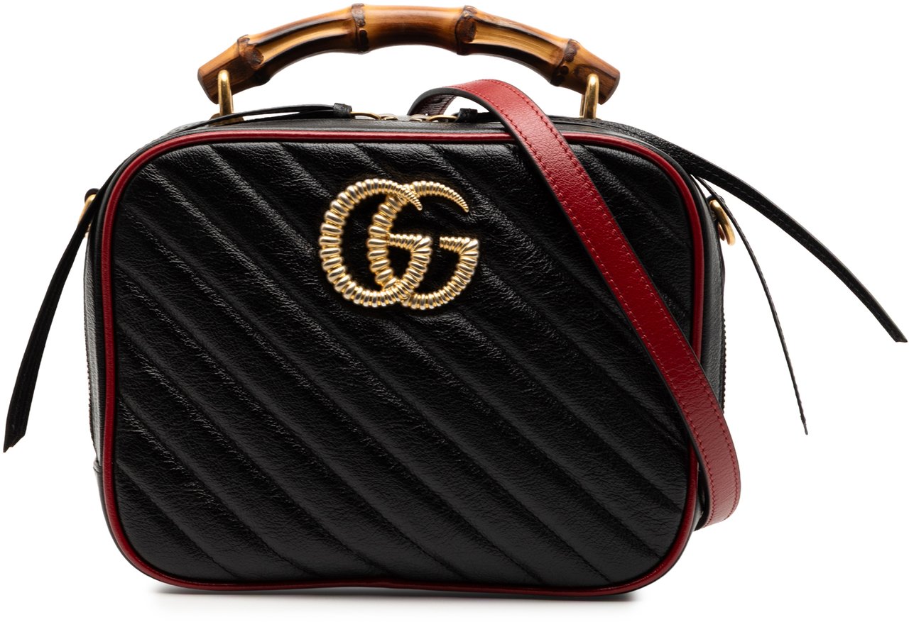 Gucci Small GG Marmont Matelasse Diagonal Leather Torchon Bamboo Satchel Zwart