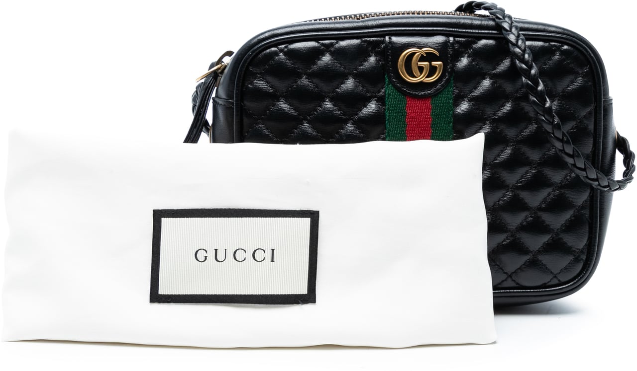 Gucci Mini Quilted Leather Web Trapuntata Crossbody Zwart