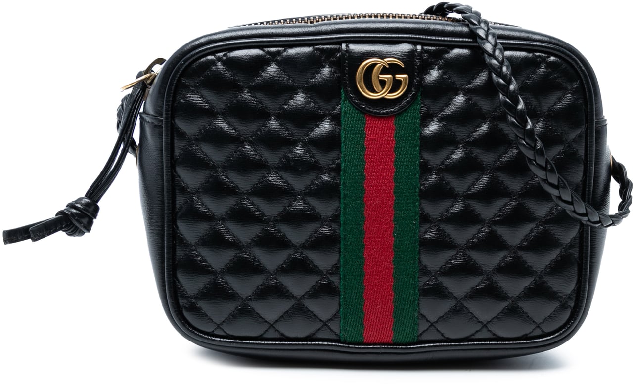 Gucci Mini Quilted Leather Web Trapuntata Crossbody Zwart