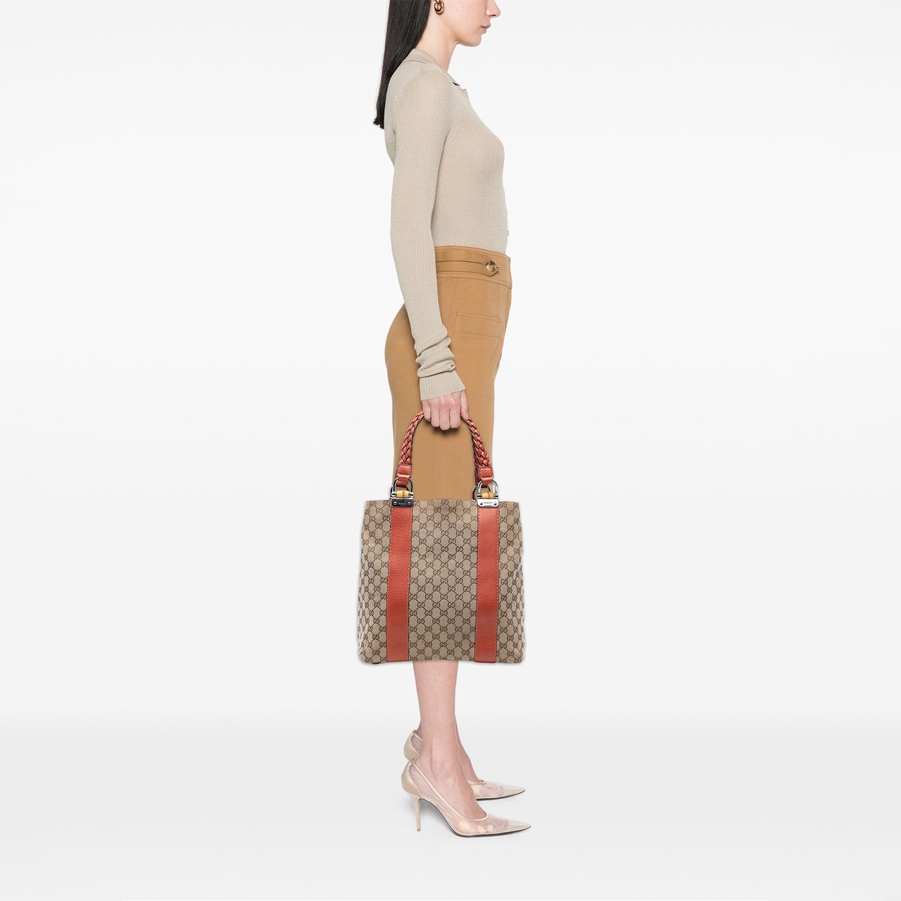 Gucci Large GG Canvas Bamboo Libeccio Tote Bruin