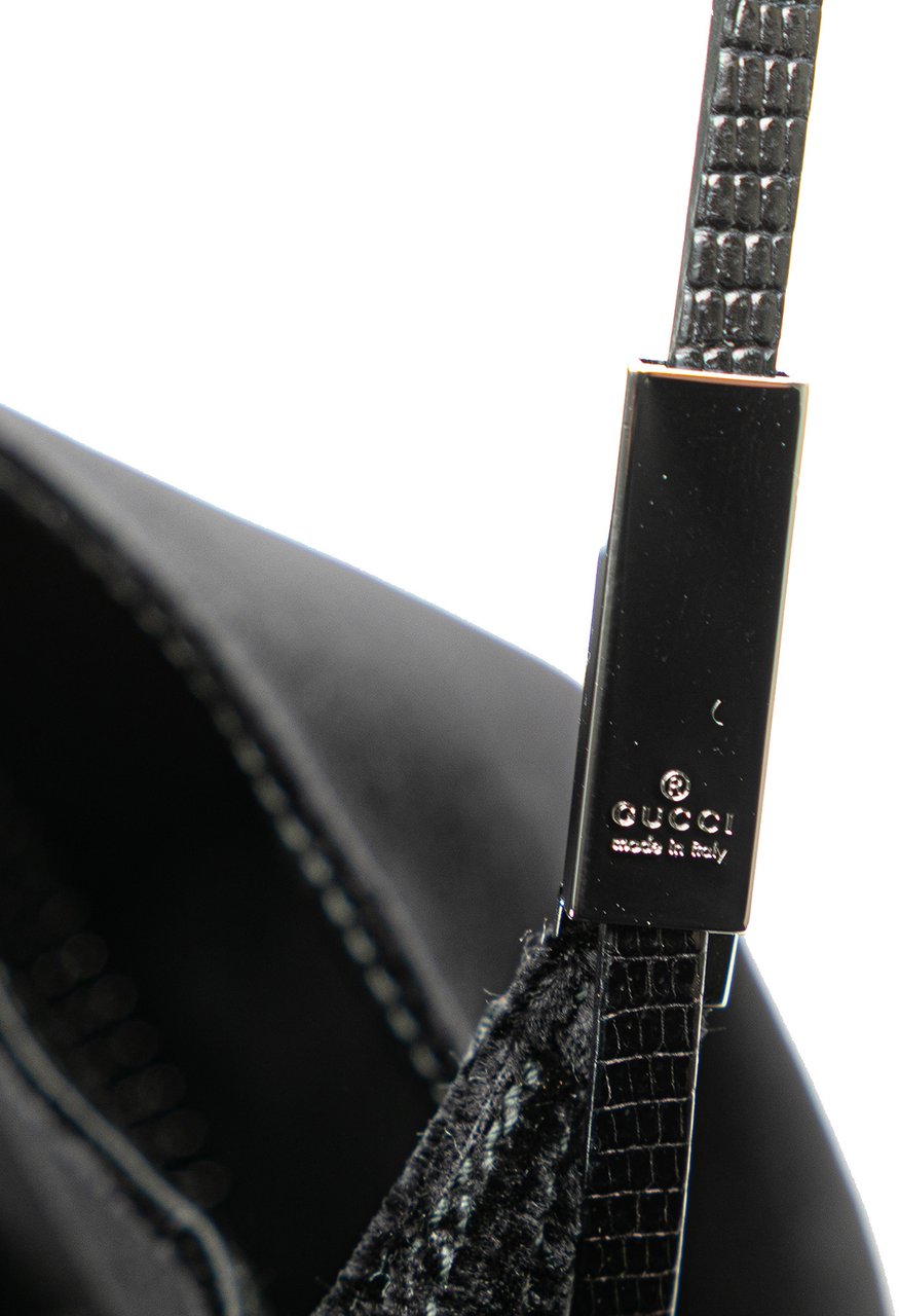 Gucci Velvet and Lizard Embossed Calfskin Trimmed Handbag Zwart