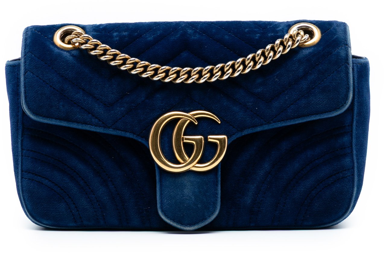 Gucci Medium GG Marmont Matelasse Velvet Shoulder Bag Blauw