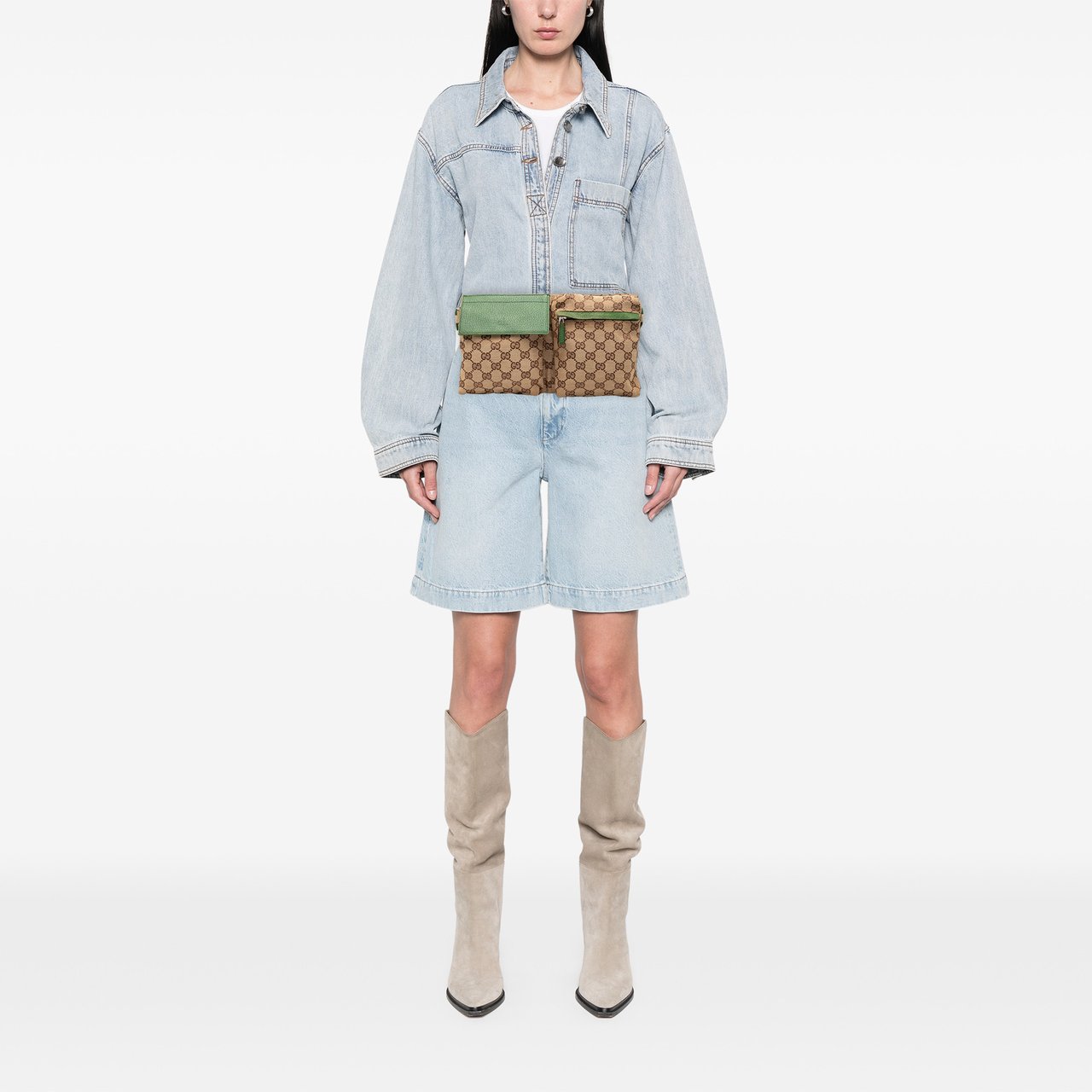 Gucci GG Canvas Web Double Pocket Belt Bag Bruin