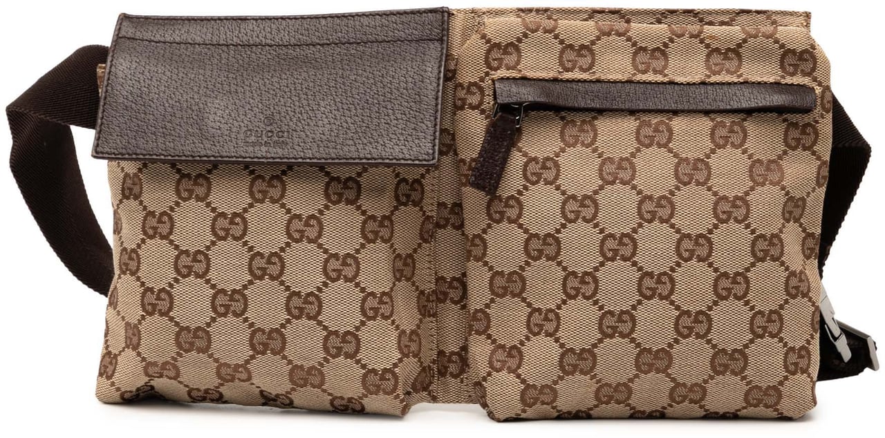 Gucci GG Canvas Double Pocket Belt Bag Bruin