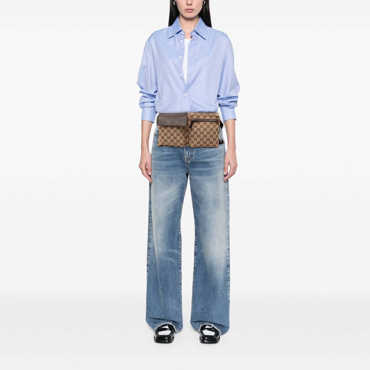 Gucci GG Canvas Double Pocket Belt Bag Bruin