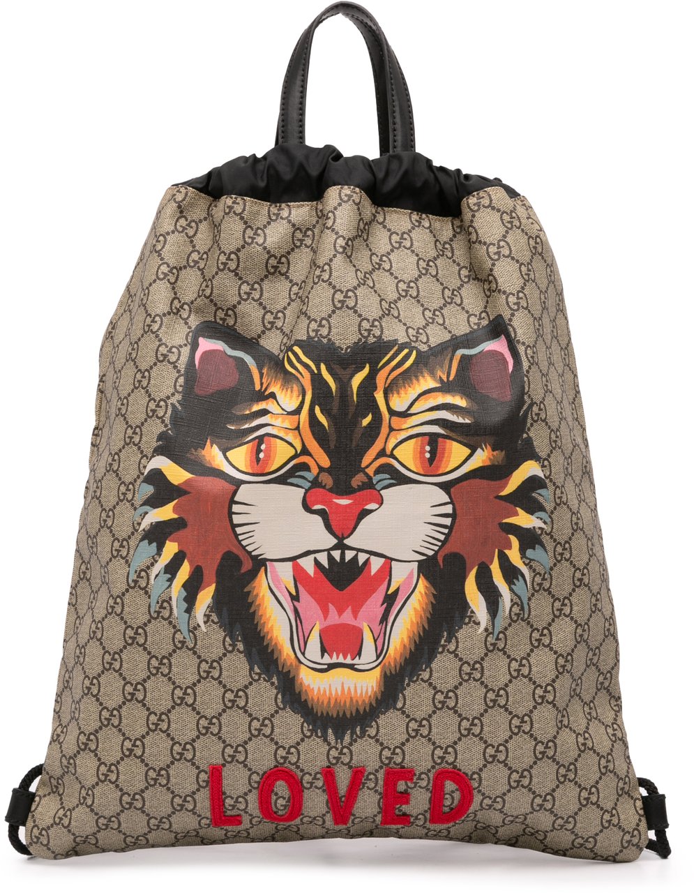 Gucci GG Supreme Angry Cat Drawstring Backpack Bruin