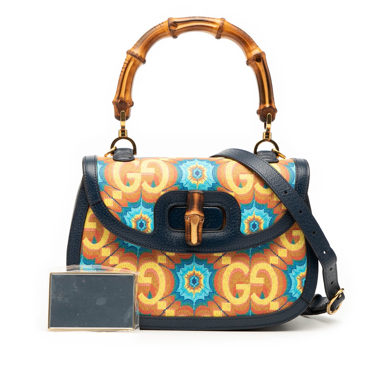 Gucci 100th Anniversary Medium GG Coated Canvas Kaleidoscope 1947 Bamboo Top Handle Bag Blauw