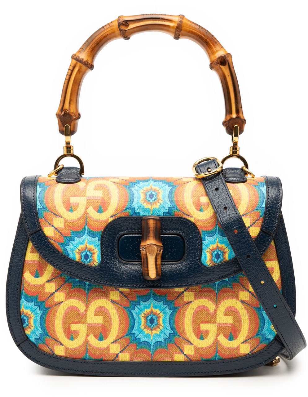 Gucci 100th Anniversary Medium GG Coated Canvas Kaleidoscope 1947 Bamboo Top Handle Bag Blauw