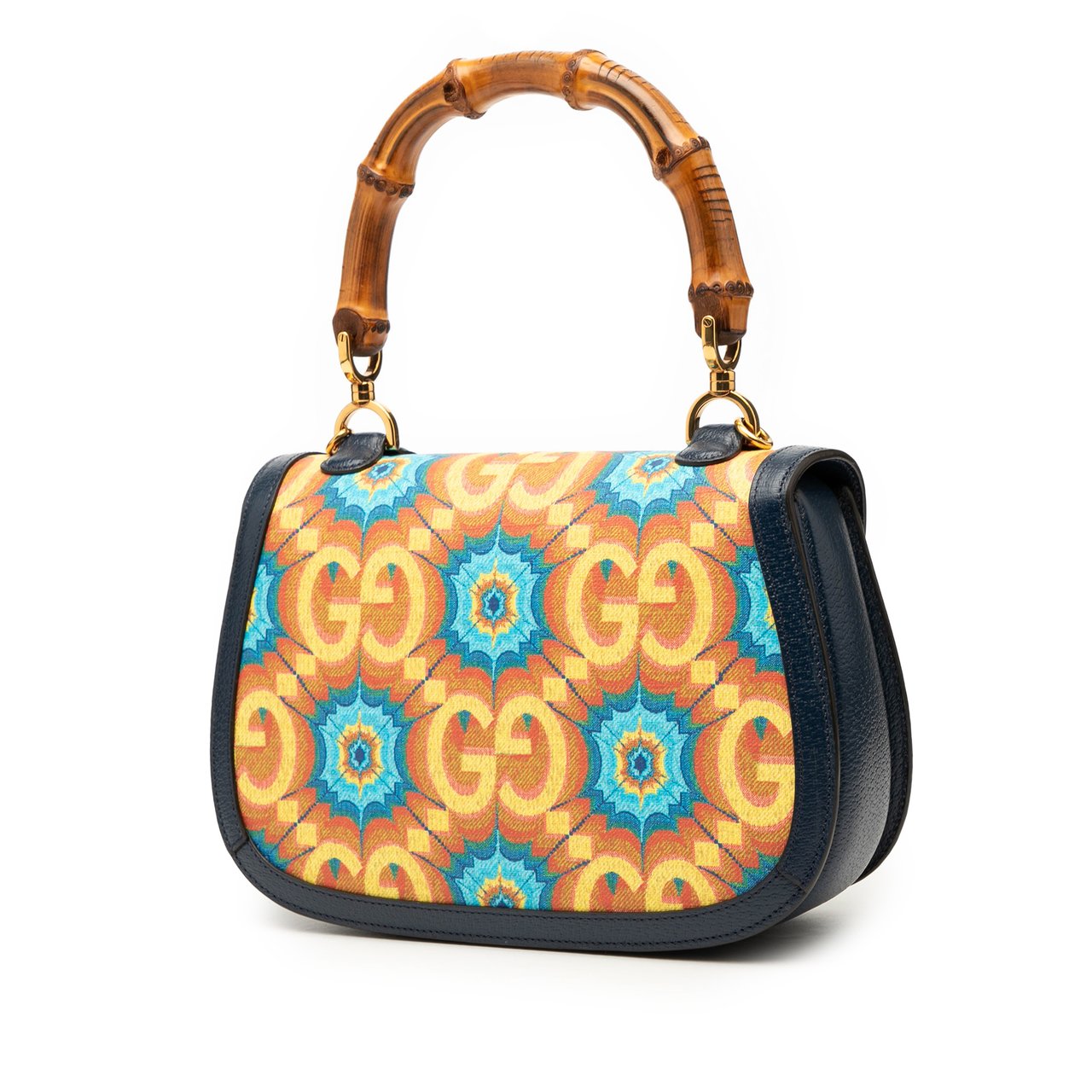 Gucci 100th Anniversary Medium GG Coated Canvas Kaleidoscope 1947 Bamboo Top Handle Bag Blauw