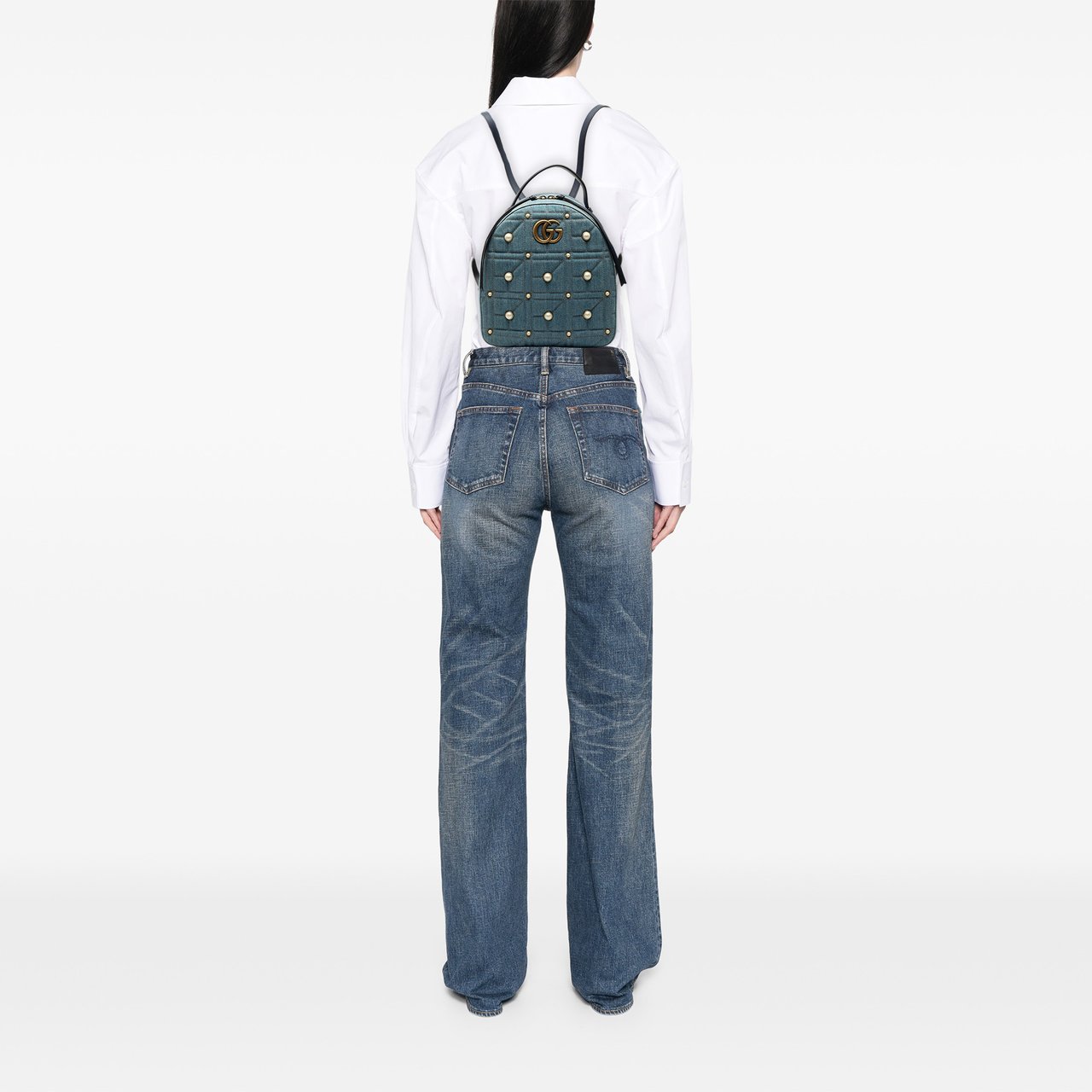 Gucci Small GG Marmont Pearl Studded Matelasse Denim Backpack Blauw