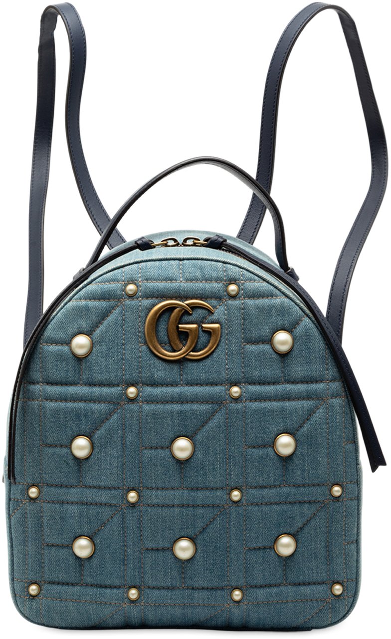 Gucci Small GG Marmont Pearl Studded Matelasse Denim Backpack Blauw
