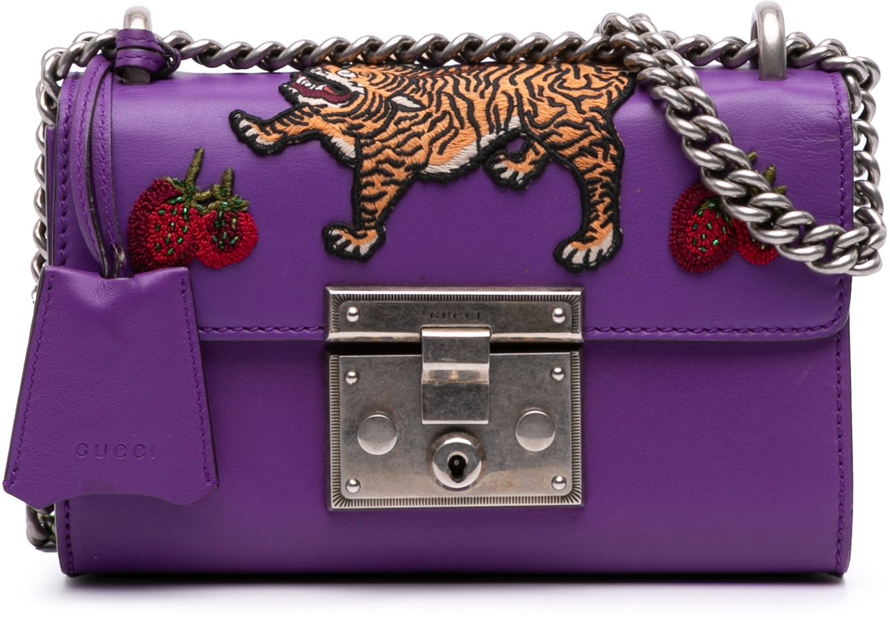 Gucci Small Embroidered Calfskin Tiger Strawberry Padlock Crossbody Paars