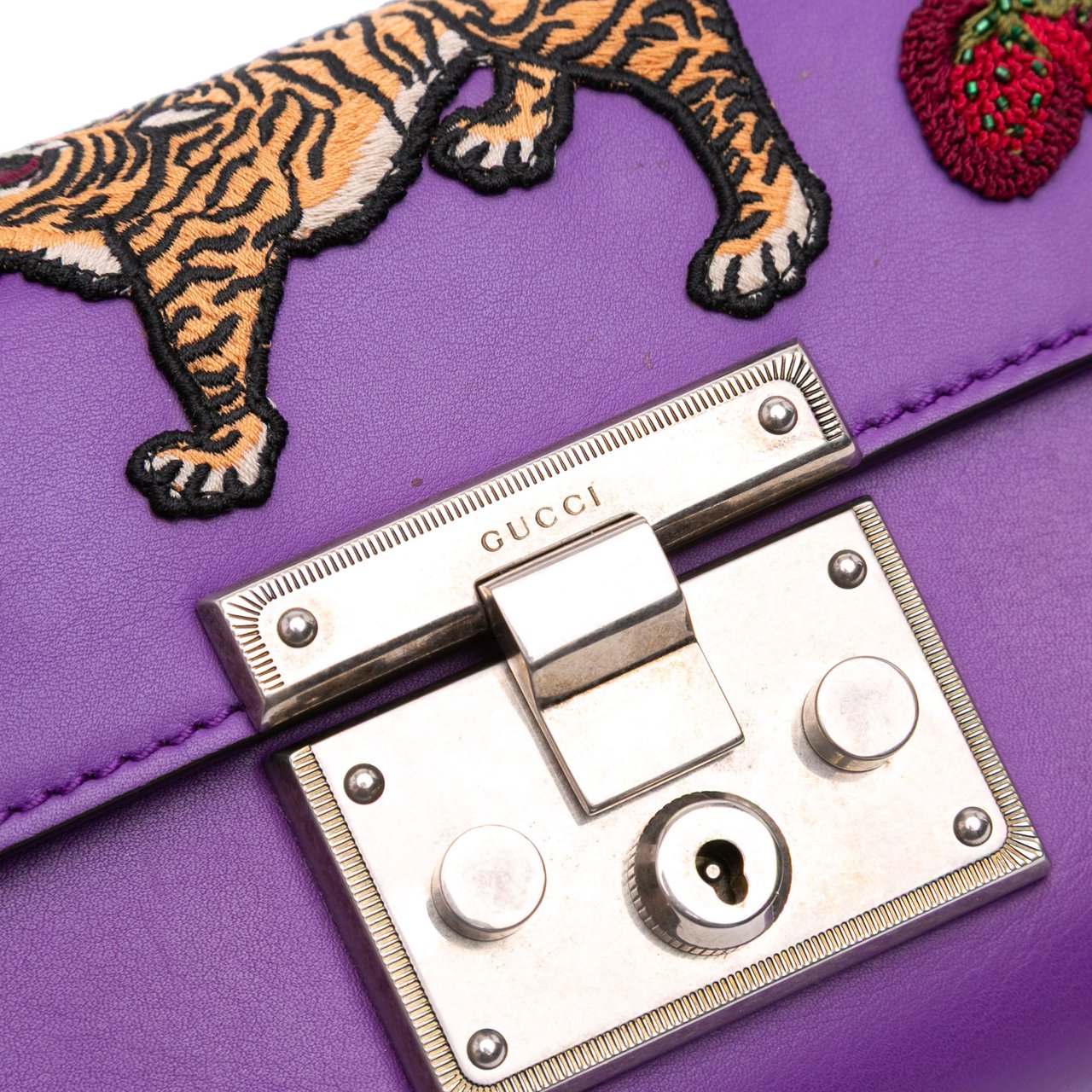 Gucci Small Embroidered Calfskin Tiger Strawberry Padlock Crossbody Paars