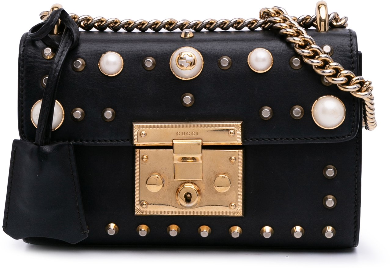 Gucci Small Pearl Studded Leather Padlock Crossbody Zwart