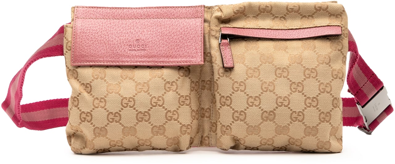 Gucci GG Canvas Web Double Pocket Belt Bag Bruin