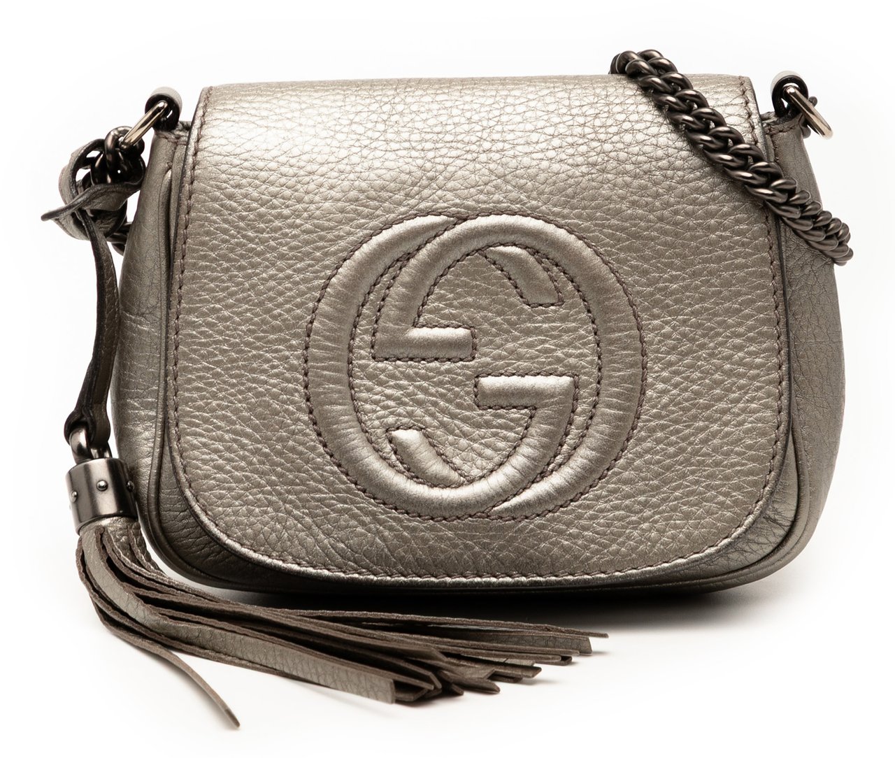 Gucci Small Metallic Leather Soho Chain Flap Crossbody Goud