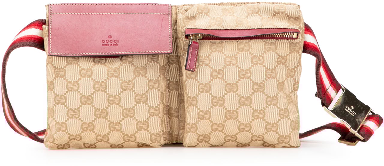 Gucci GG Canvas Web Double Pocket Belt Bag Bruin