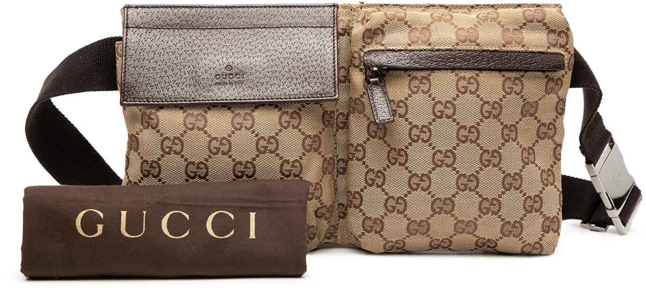 Gucci GG Canvas Double Pocket Belt Bag Bruin