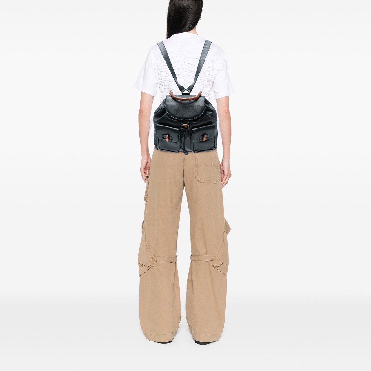 Gucci Calfskin Bamboo Drawstring Backpack Zwart