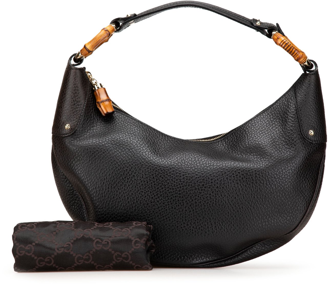 Gucci Pebbled Calfskin Bamboo Ring Hobo Zwart