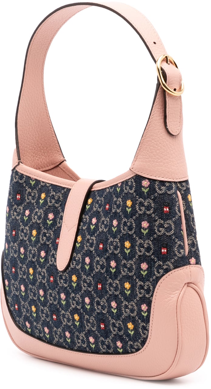 Gucci Limited Edition Small GG Embroidered Denim Floral Jackie 1961 Crossbody Blauw