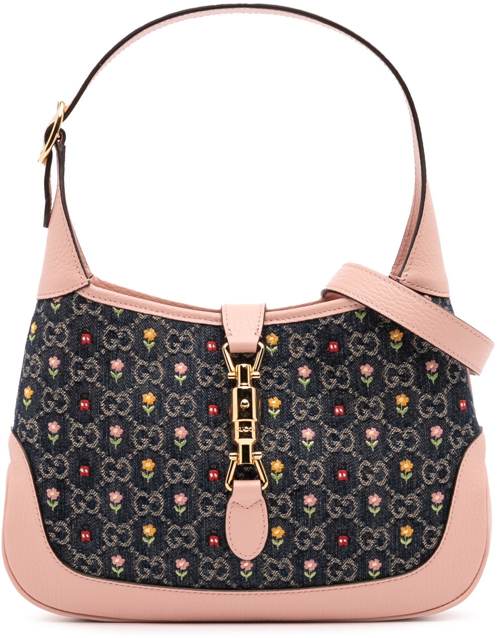 Gucci Limited Edition Small GG Embroidered Denim Floral Jackie 1961 Crossbody Blauw