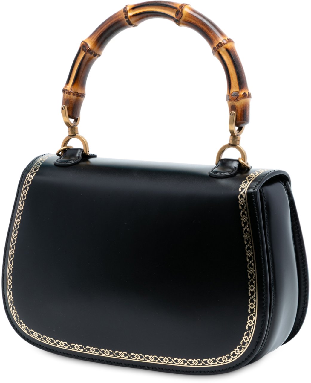 Gucci Calfskin Frame Print Bamboo Top Handle Bag Zwart