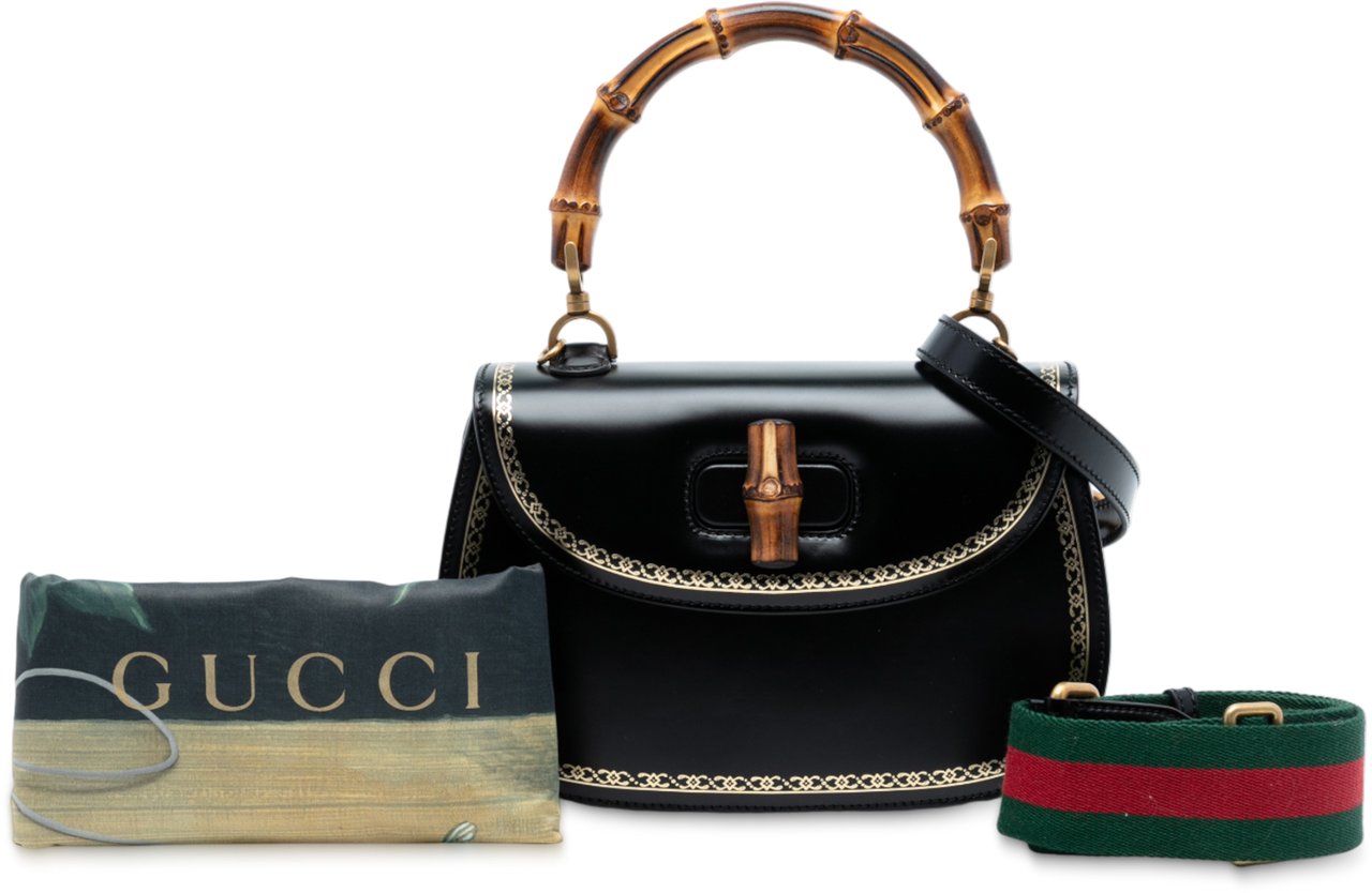 Gucci Calfskin Frame Print Bamboo Top Handle Bag Zwart