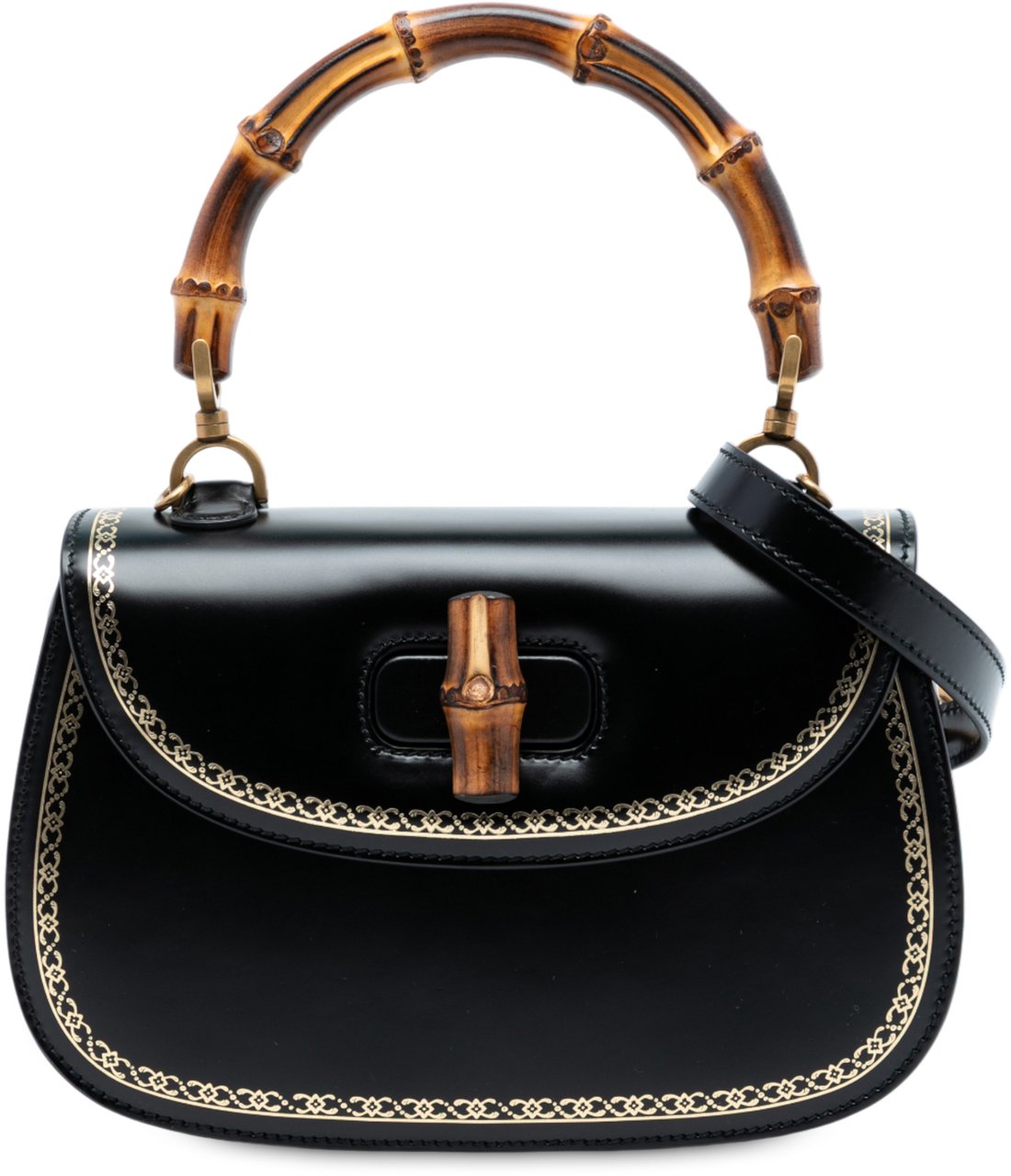 Gucci Calfskin Frame Print Bamboo Top Handle Bag Zwart